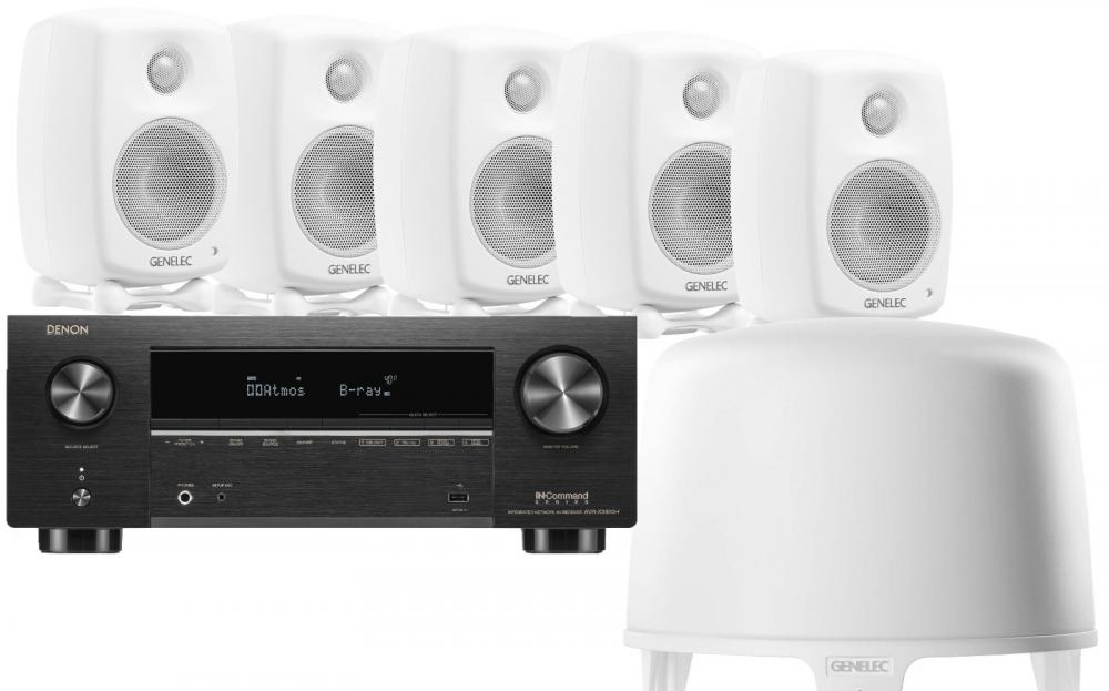 Kotiteatteripaketti Denon AVC-X3800H + Genelec G One ja F One 5.1-kaiutinjärjestelmä, valkoinen Kotiteatteripaketti Denon AVC-X3800H + Genelec G One ja F One 5.1-kaiutinjärjestelmä, valkoinen
