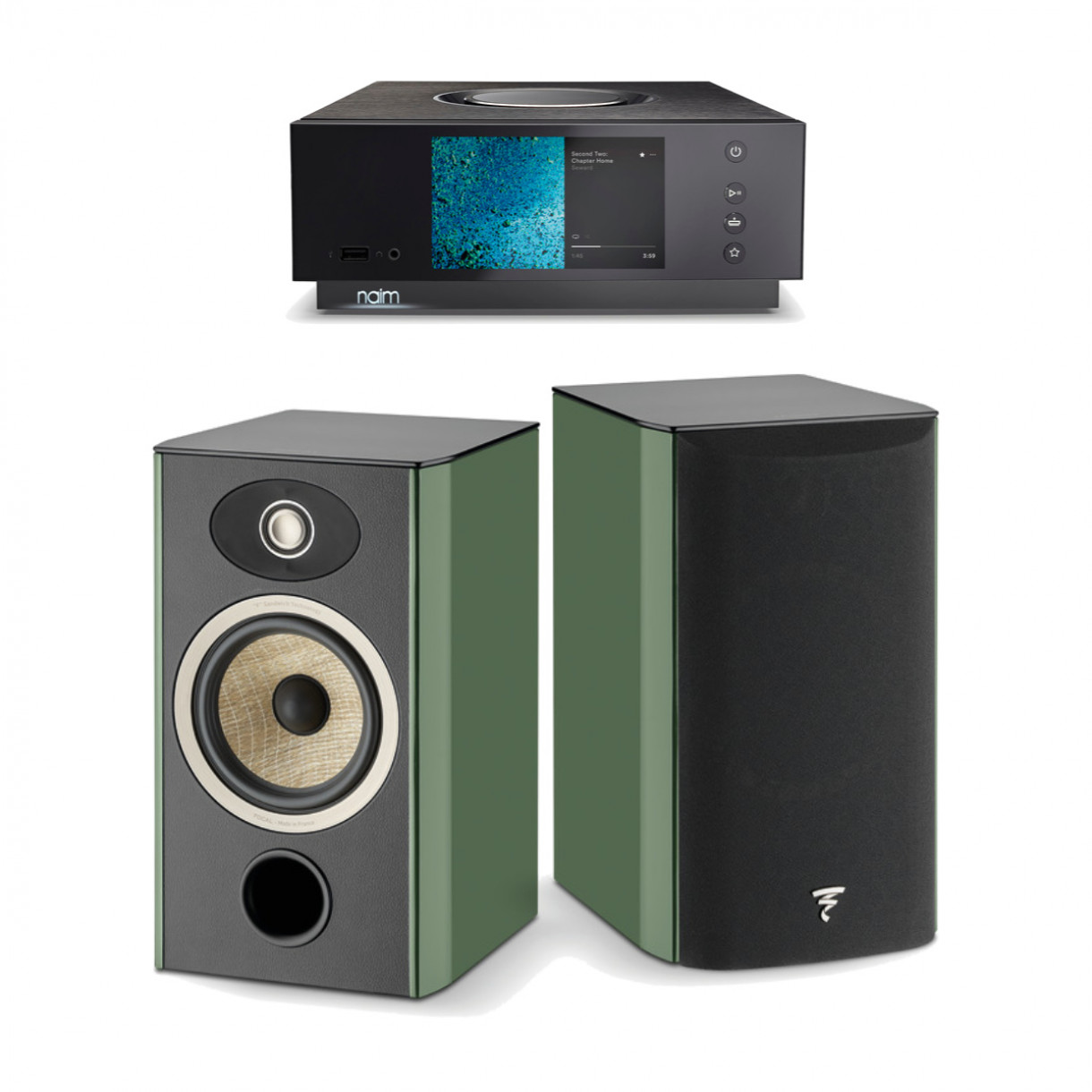 Stereopaketti Naim Uniti Atom HDMI + Focal Aria EVO X N°1 jalustakaiuttimet, sammaleen vihreä Stereopaketti Naim Uniti Atom HDMI + Focal Aria EVO X N°1 jalustakaiuttimet, sammaleen vihreä