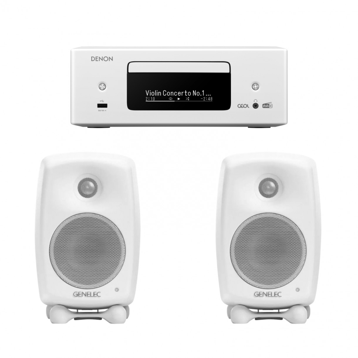 Stereopaketti Denon RCD-N12 + Genelec G Two, valkoinen Stereopaketti Denon RCD-N12 + Genelec G Two, valkoinen