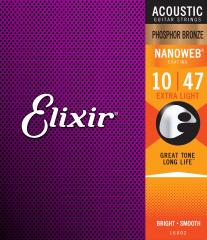 Elixir Nanoweb Phosphor Bronze Extra Light 10-47 akustisen kitaran kielisarja